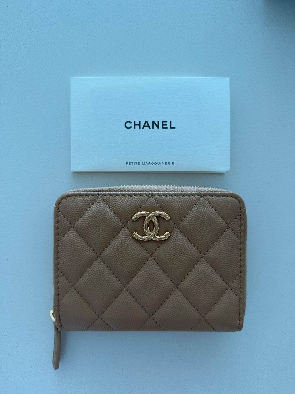 CHANEL Quilted Leather Zip Wallet in Taupe Beige with Gold Hardware